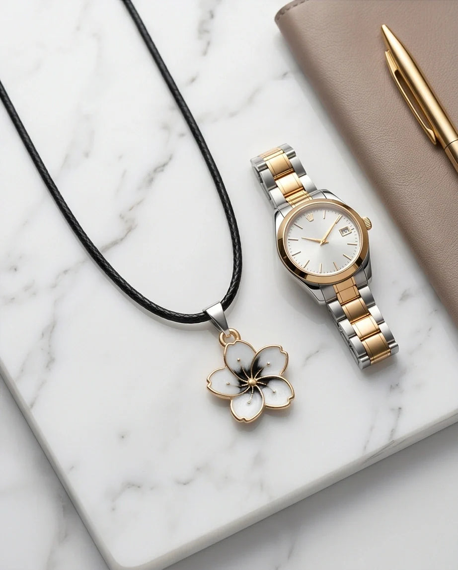 Gold and White Blossom Pendant Necklace