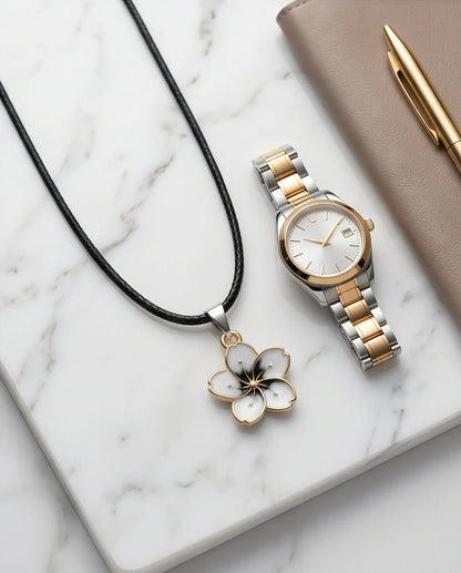Gold and White Blossom Pendant Necklace