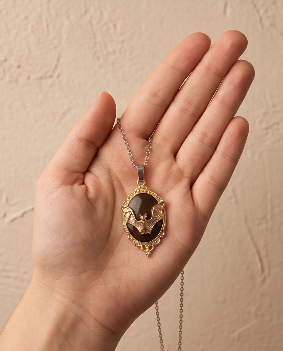 Gold Gothic Bat Black Enamel Medallion Chain Necklace