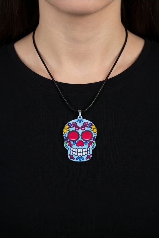 Vibrant Light Blue Sugar Skull Día de los Muertos Pendant Necklace