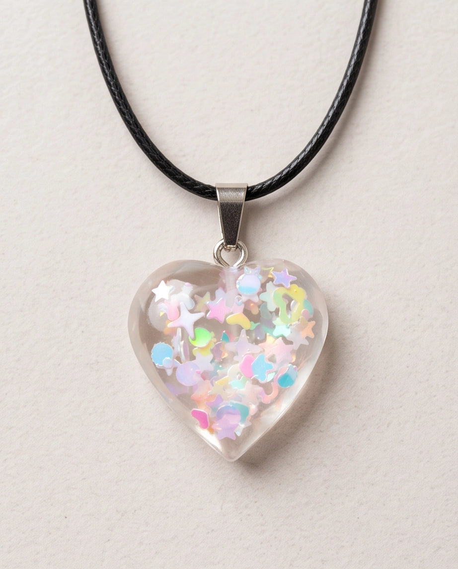 Silver Iridescent Confetti Clear Heart Resin Pendant Necklace