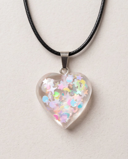 Silver Iridescent Confetti Clear Heart Resin Pendant Necklace