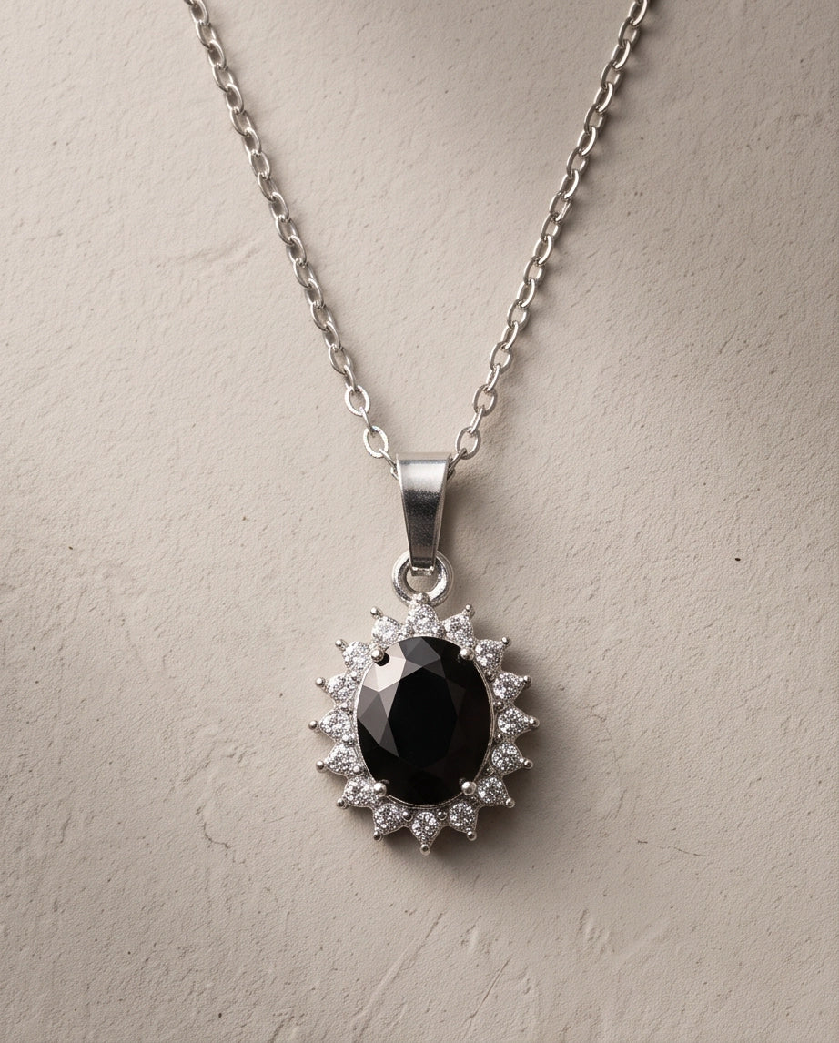 Silver Black Gem Oval Halo Medallion Pendant Necklace