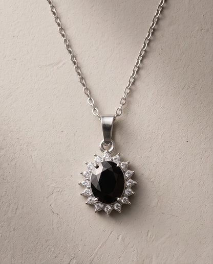 Silver Black Gem Oval Halo Medallion Pendant Necklace