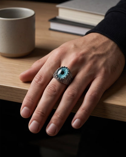 Teal-Grey Evil Eye Cabochon Architectural Bezel Silver Ring