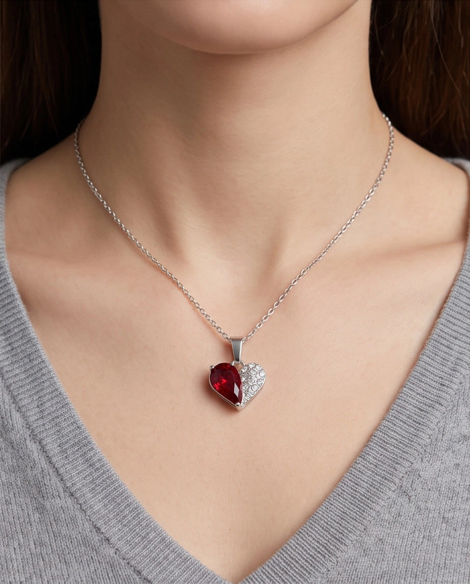 Silver Ruby Heart Pavé Pendant Necklace