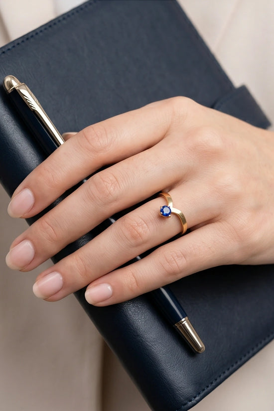 Gold Plated Blue Sapphire Droplet Chevron Ring