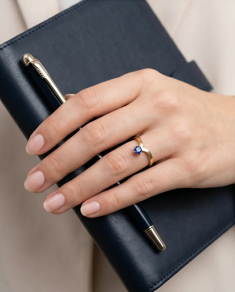 Gold Plated Blue Sapphire Droplet Chevron Ring