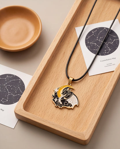 Gold Celestial Crescent Moon Dragon Enamel Pendant Necklace