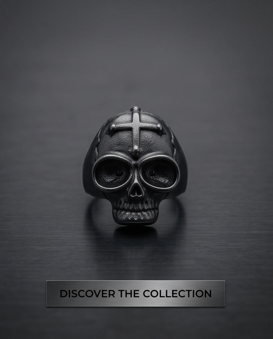 Matte Black Gothic Cross-Embossed Anatomical Skull Ring