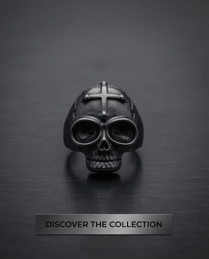 Matte Black Gothic Cross-Embossed Anatomical Skull Ring