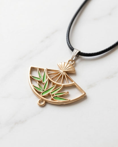 Green Bamboo Fan Pendant Necklace