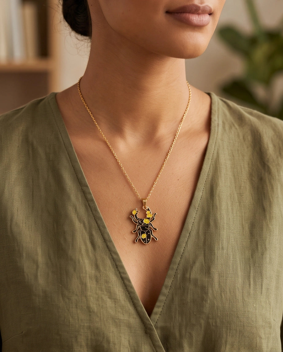 Gold Floral Stag Beetle Enamel Chain Necklace