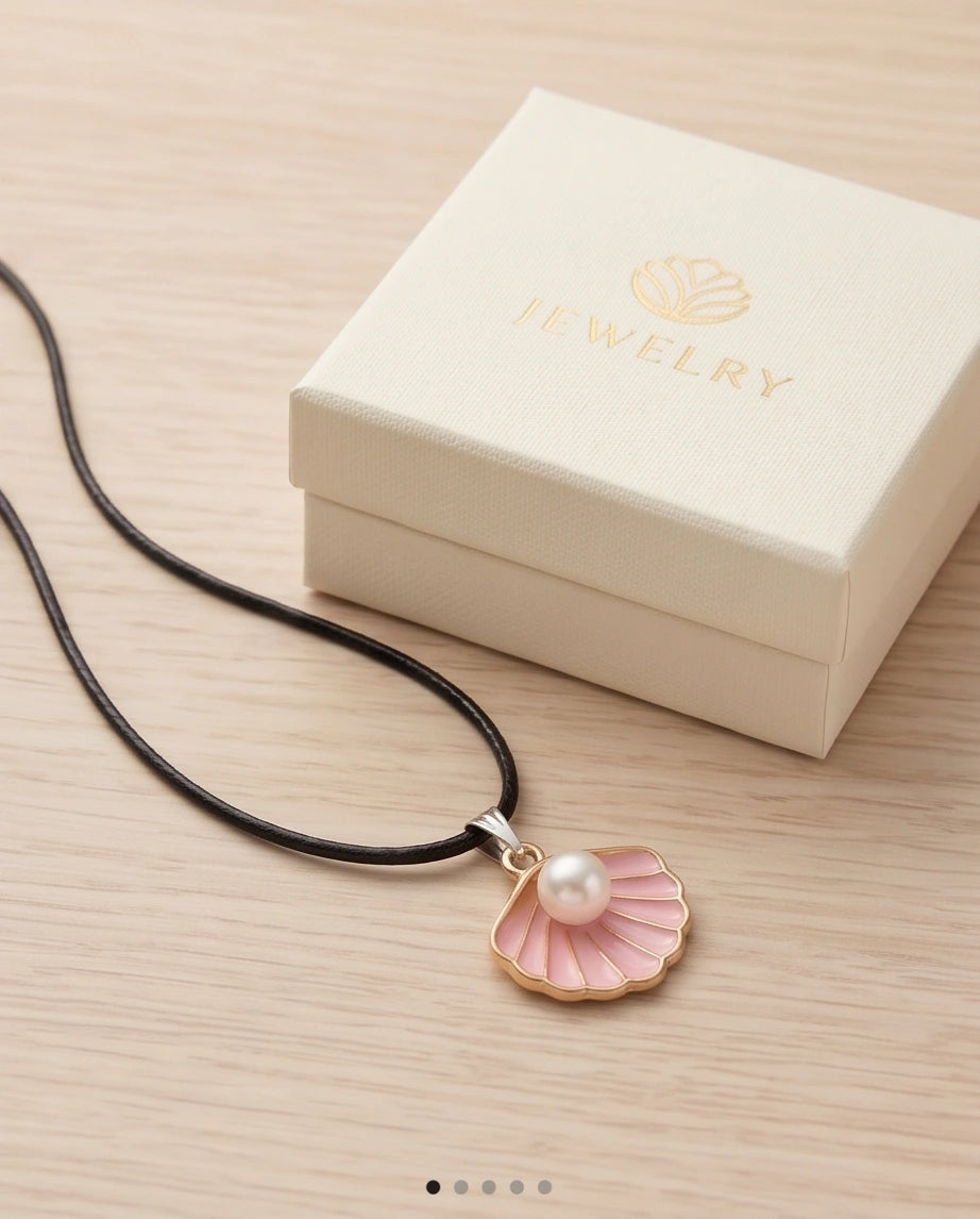 Pink Seashell Enamel Pendant Necklace with Faux Pearl