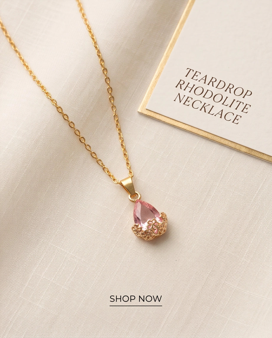 Gold Pink Teardrop Floral Basket Pendant Necklace