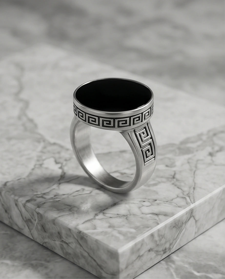 Minimalist Greek Key Onyx Signet Ring