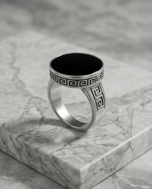 Minimalist Greek Key Onyx Signet Ring