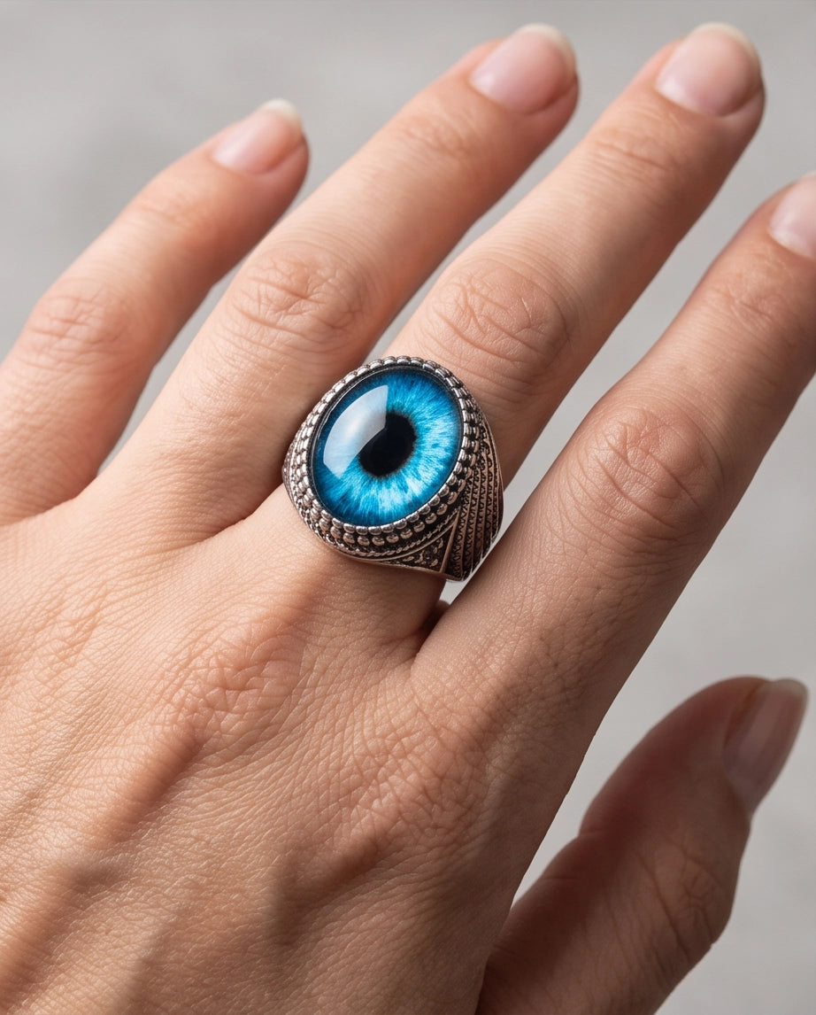 Azure Scale Beaded Slit-Pupil Silver Ring