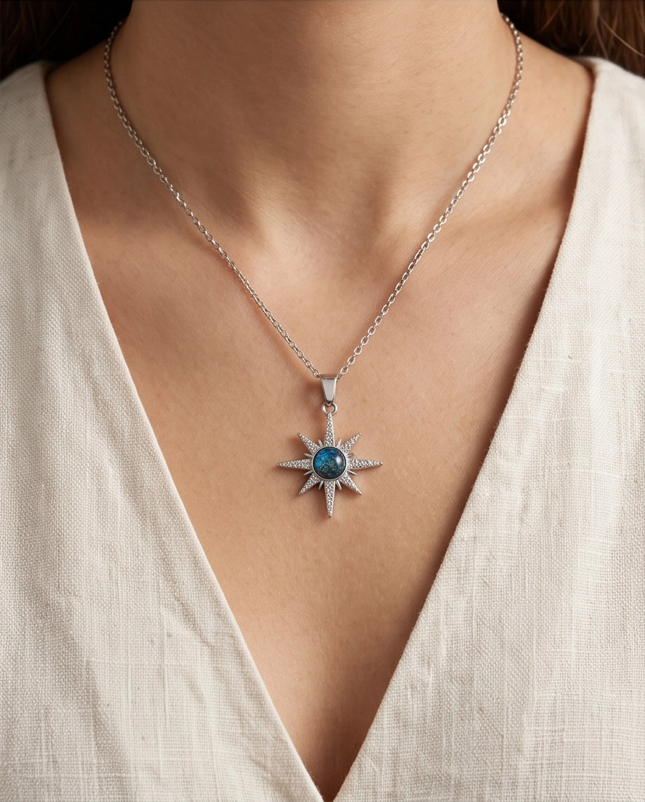 Silver Crystal Paved North Star Cosmic Orb Pendant Necklace