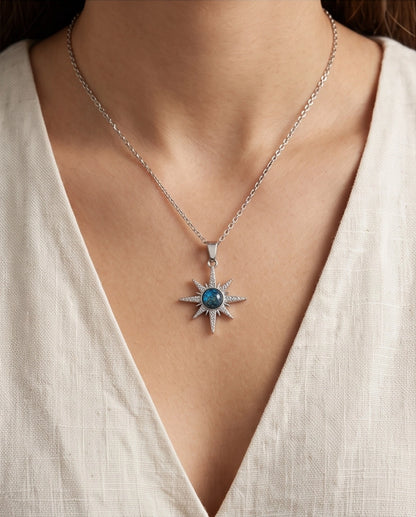 Silver Crystal Paved North Star Cosmic Orb Pendant Necklace