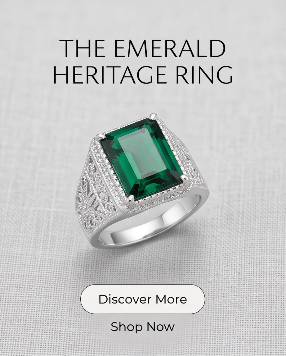 Emerald Green Emerald-Cut Gemstone Stippled Halo Silver Ring