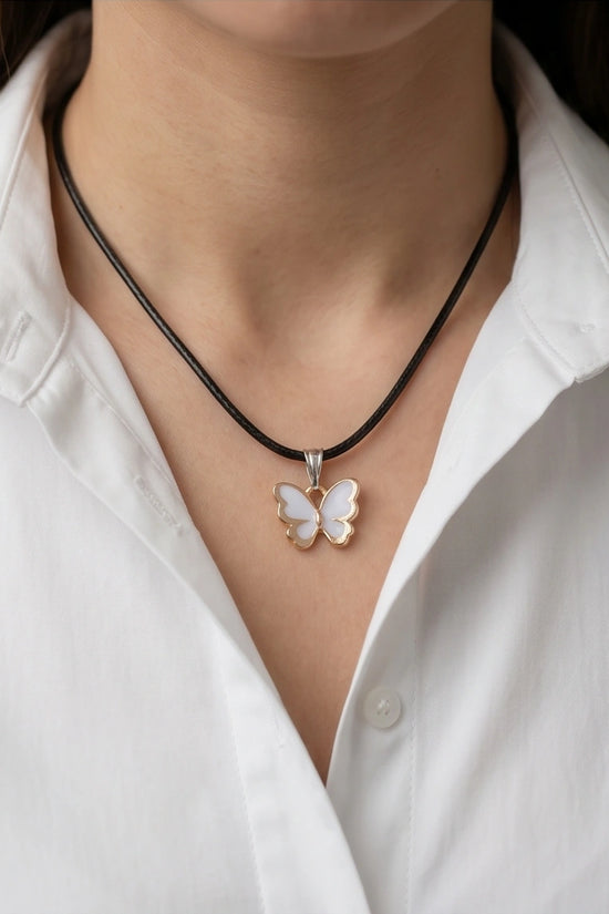 Gold and White Butterfly Pendant Necklace