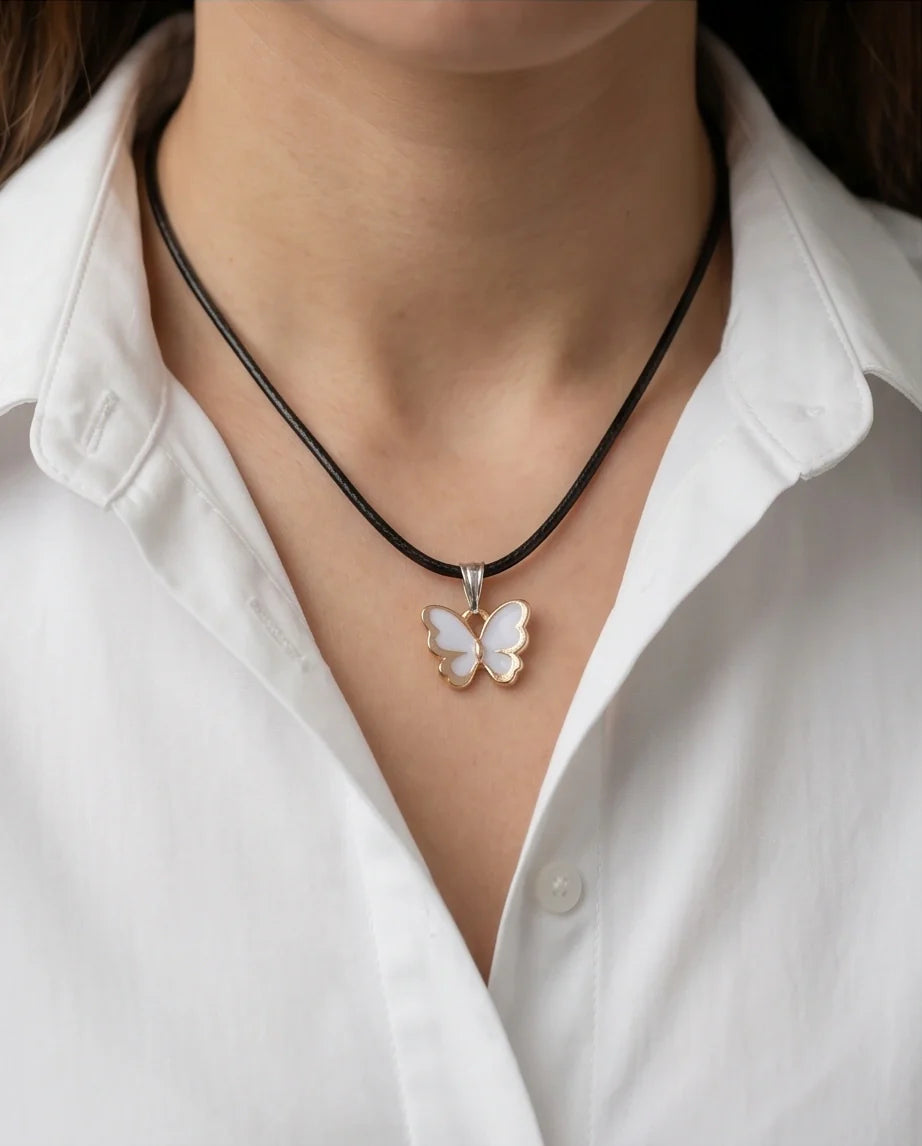 Gold and White Butterfly Pendant Necklace