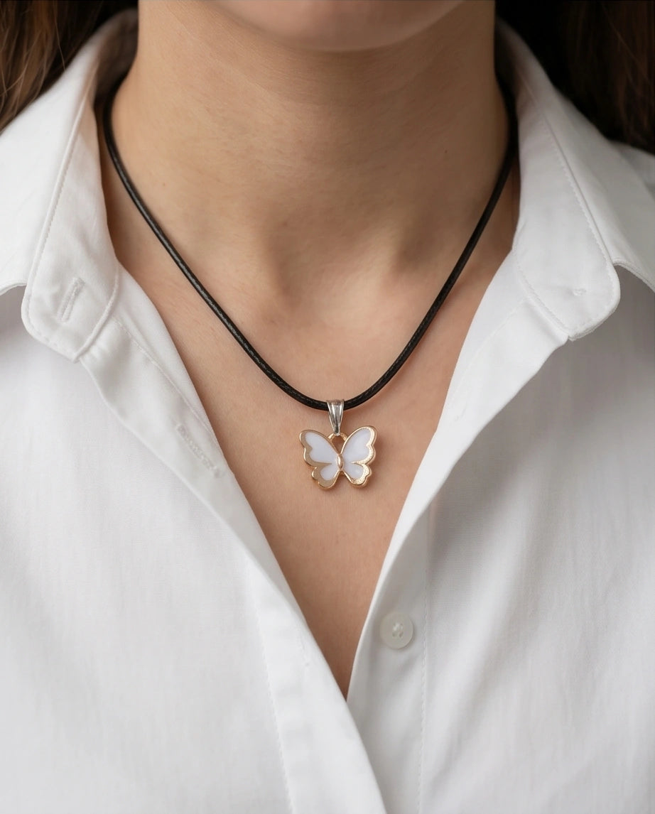 Gold and White Butterfly Pendant Necklace
