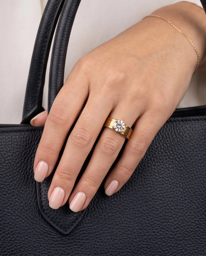 Gold Round Gemstone Wide-Band Solitaire Ring