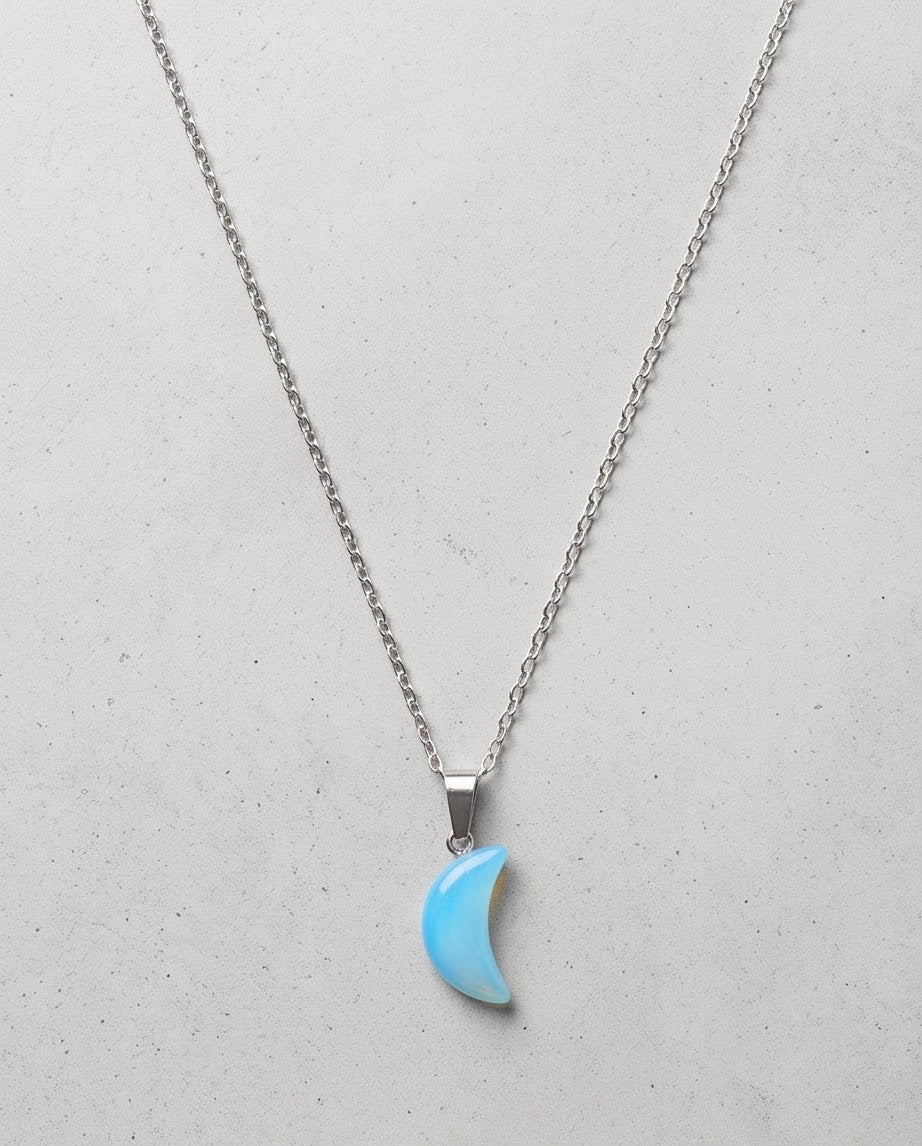 Silver Light Blue Crescent Moon Resin Pendant Necklace