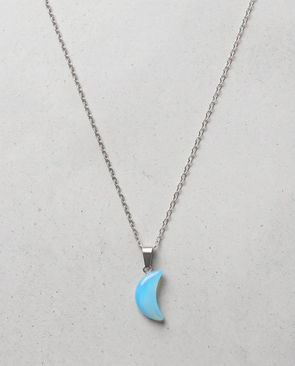 Silver Light Blue Crescent Moon Resin Pendant Necklace