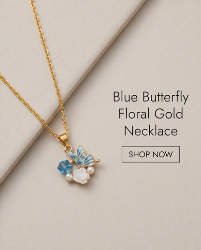 Gold Blue Enamel Butterfly & Pearl Rose Cluster Pendant Necklace