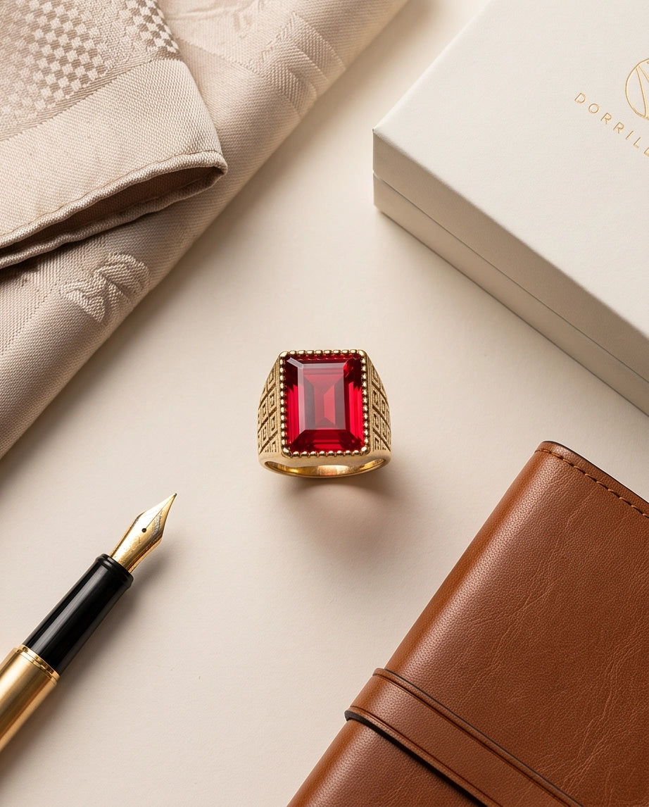 Ruby Red Emerald-Cut Gemstone Beaded Bezel Greek Key Gold Ring