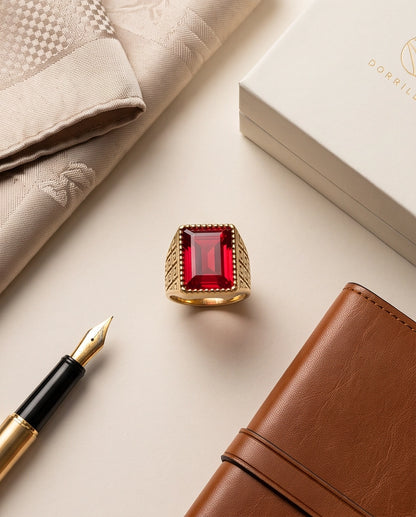 Ruby Red Emerald-Cut Gemstone Beaded Bezel Greek Key Gold Ring