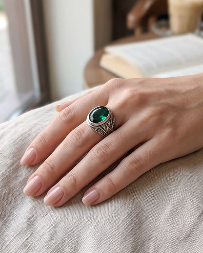 Emerald Gemstone Smooth Bezel Tribal Wing Silver Ring