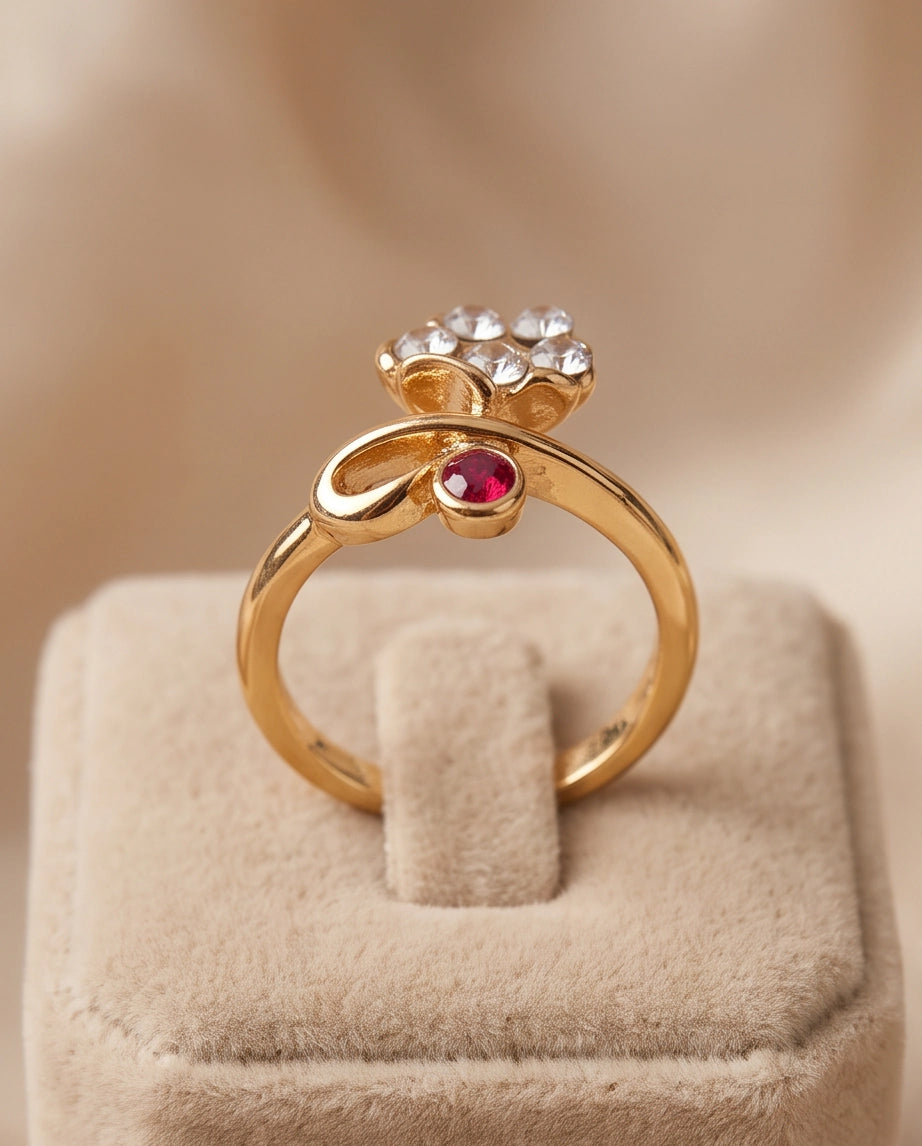 Crystal Flower & Ruby Accent Bow Ring