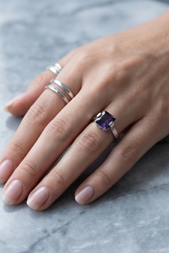 Sterling Silver Deep Amethyst Princess Cut Solitaire Ring