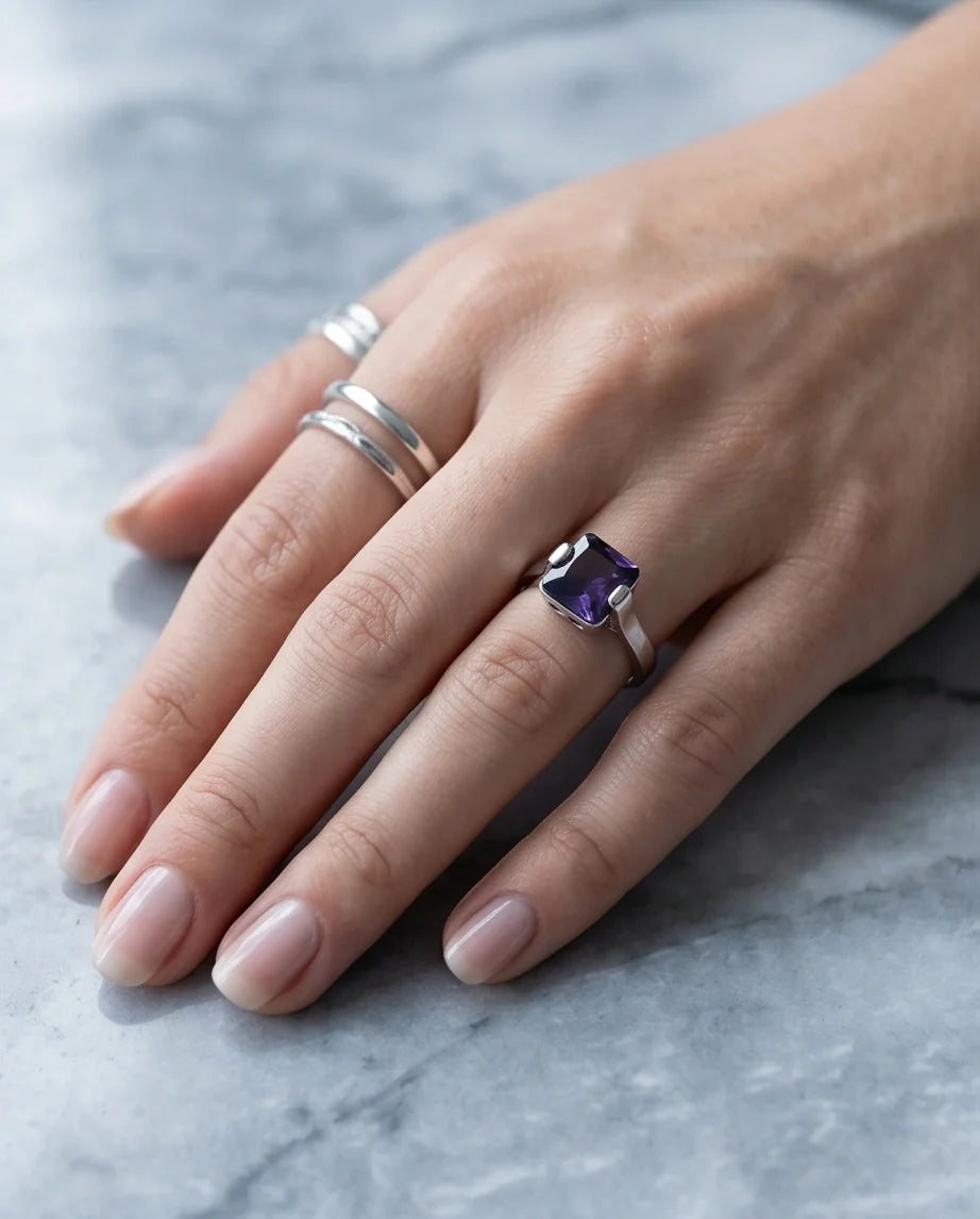 Sterling Silver Deep Amethyst Princess Cut Solitaire Ring