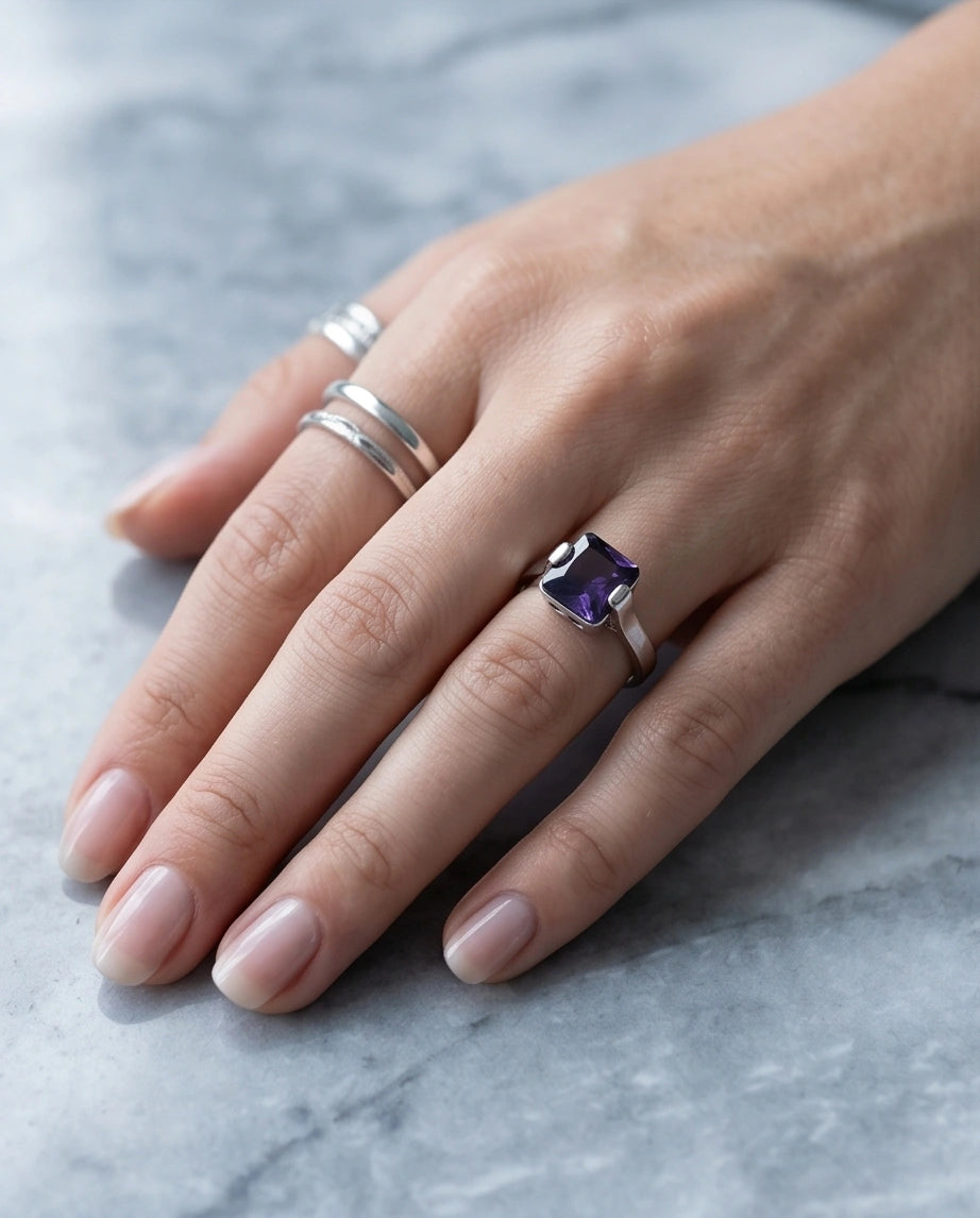 Sterling Silver Deep Amethyst Princess Cut Solitaire Ring