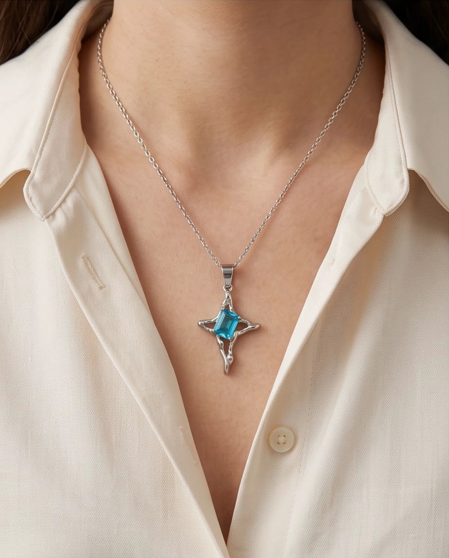 Silver Blue Gemstone Gothic Cross Pendant Necklace