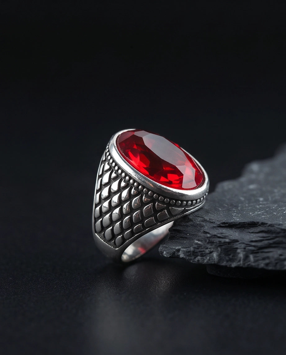 Ruby Gemstone Beaded Surround Dragon-Scale Silver Ring