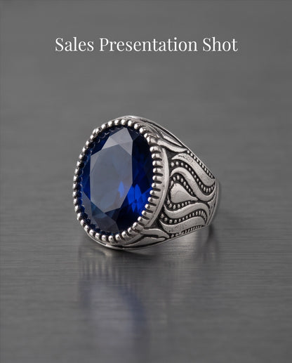 Sapphire Blue Oval-Cut Gemstone Beaded Bezel Textured Silver Ring
