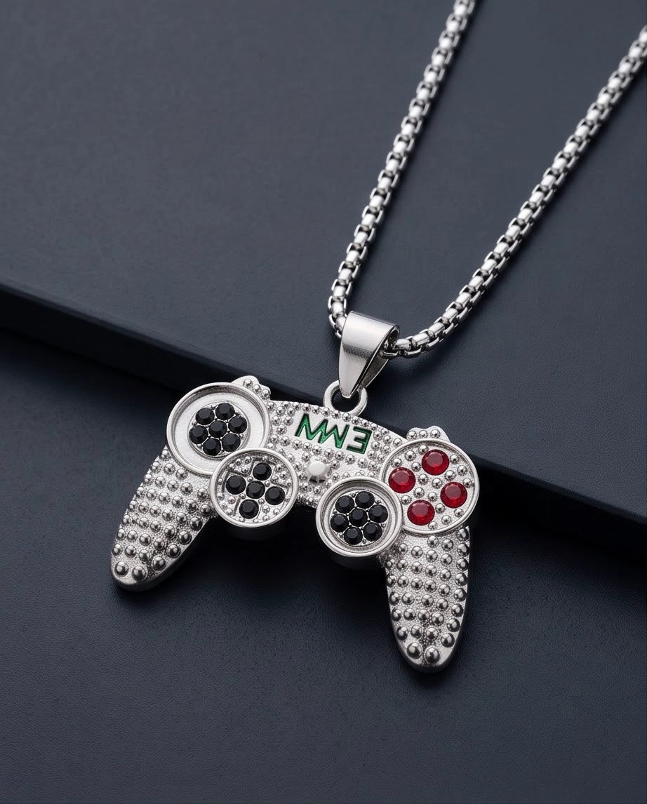 Silver Rhinestone Gamepad Controller Pendant Necklace