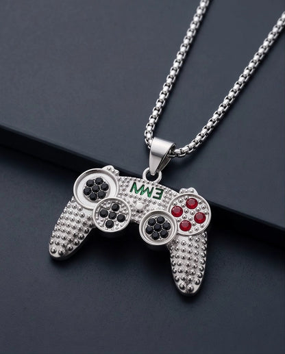 Silver Rhinestone Gamepad Controller Pendant Necklace