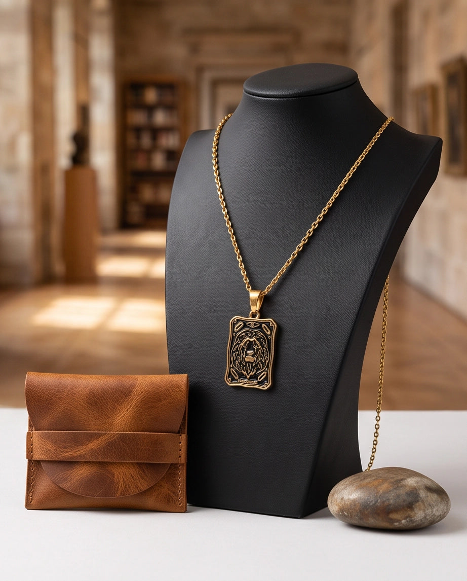 Gold "Strength" Lion Tarot Card Pendant Necklace