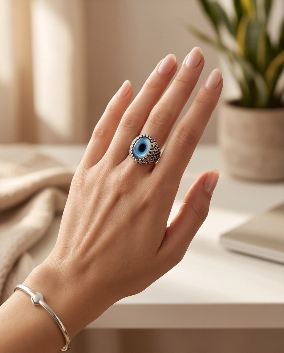 Royal Blue-Rimmed Evil Eye Cabochon Honeycomb-Band Silver Ring
