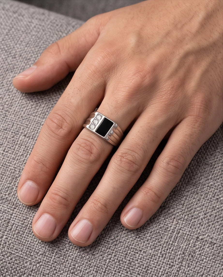 Dual-Panel Onyx & Triple-Crystal Fluted Shoulder Silver Ring