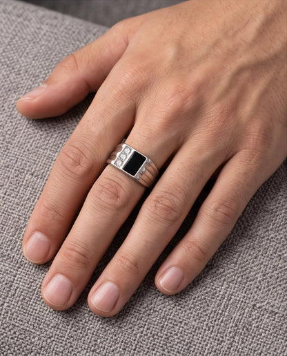 Dual-Panel Onyx & Triple-Crystal Fluted Shoulder Silver Ring