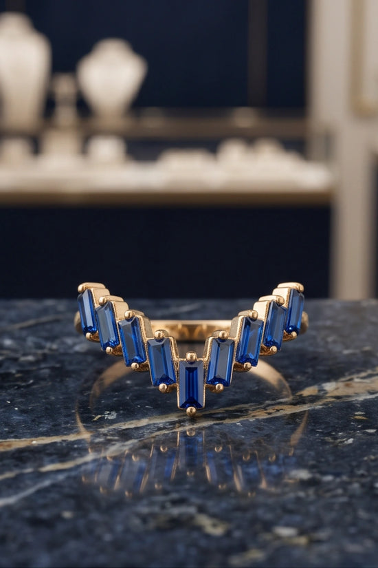 Gold Plated Blue Sapphire Baguette Tiara Ring