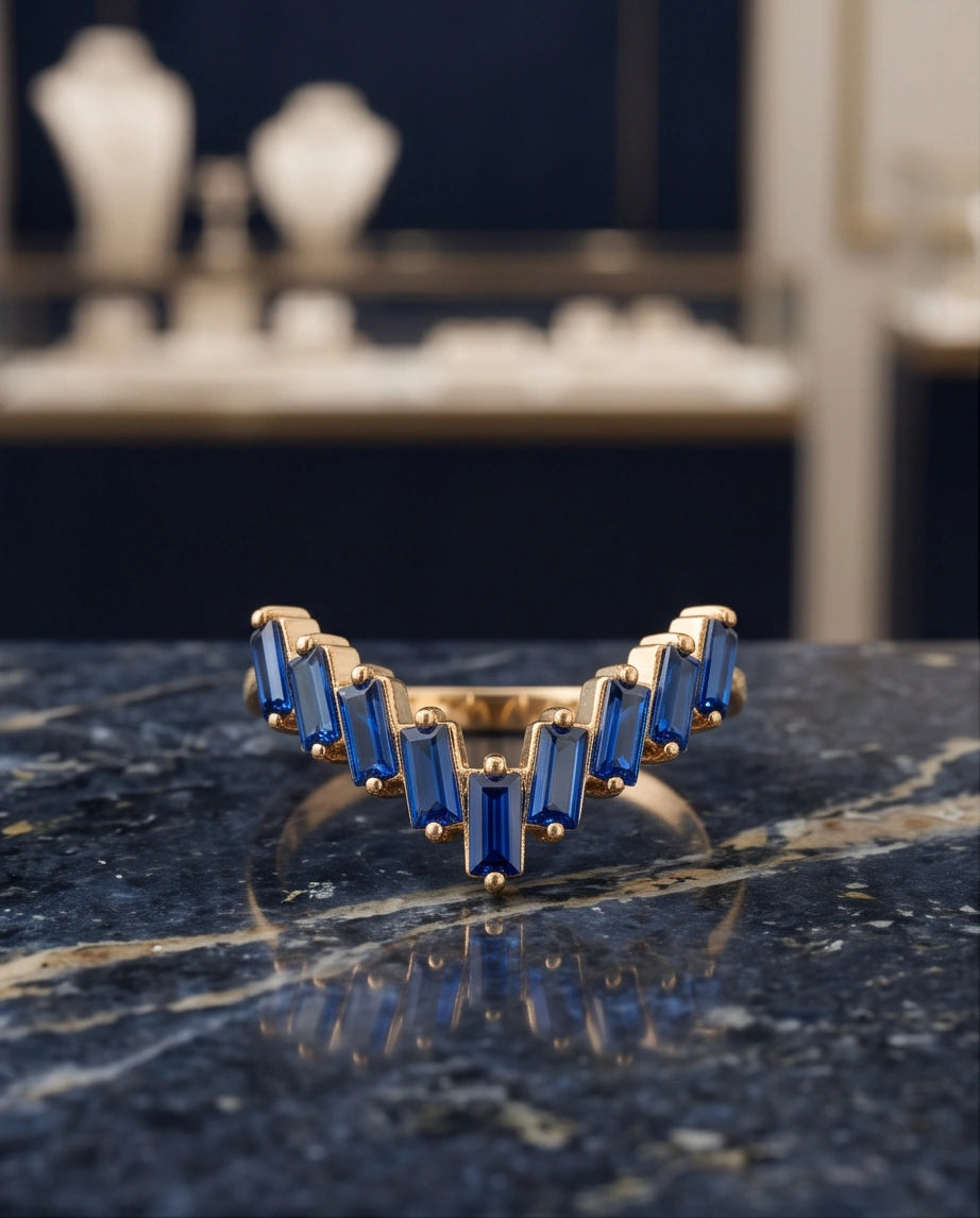 Gold Plated Blue Sapphire Baguette Tiara Ring
